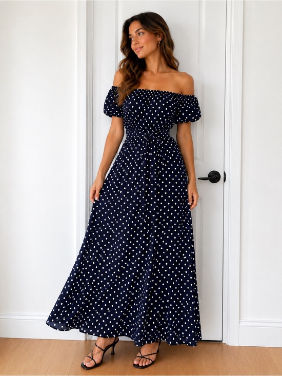 SHEIN Dresses & Skirts - SHEIN Navy White Polka Dot One-Shoulder Maxi Dress